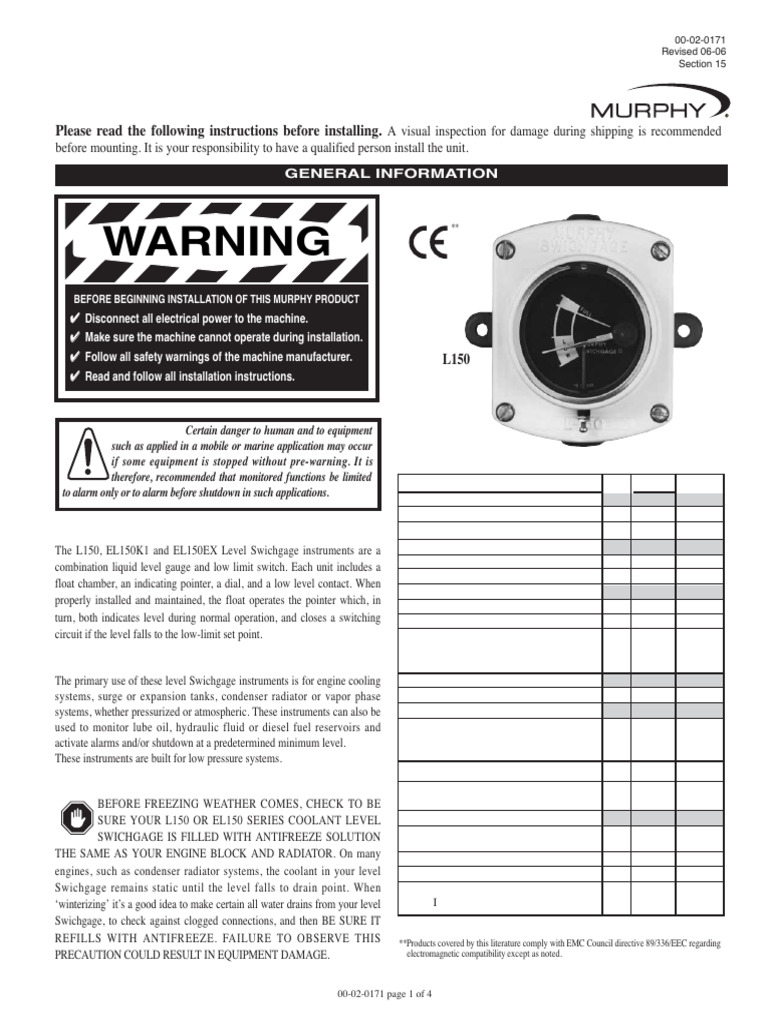 Murphy L150 & EL150K1 & EL150EX Level Switch Installation Instructions ...