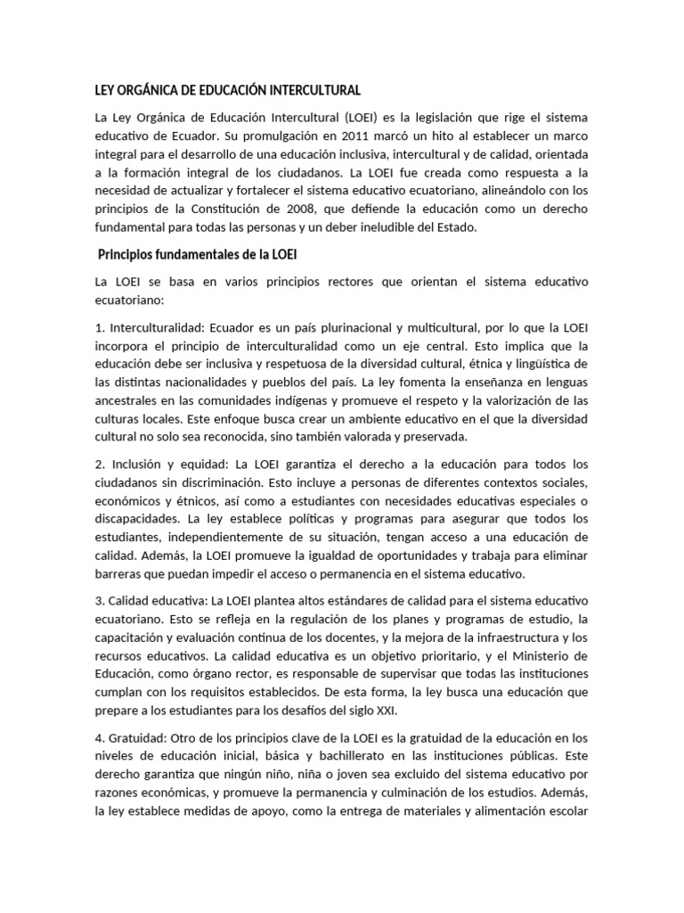 Ley Orgánica de Educación Intercultural | PDF | Educación de la primera ...