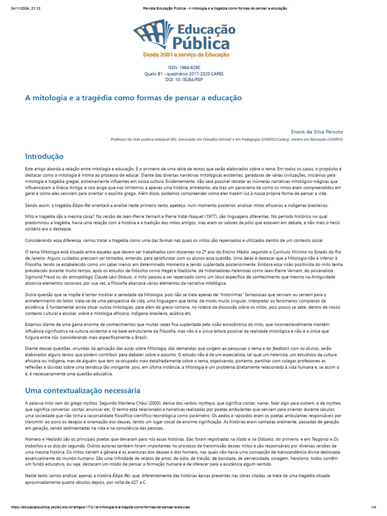 Mitologia e Tragédia na Educação | PDF | Édipo | Mitologia grega