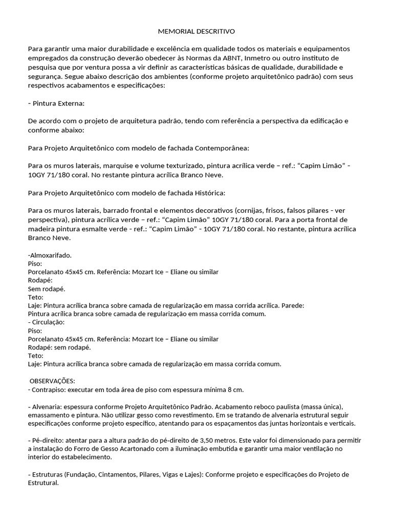 Memorial Descritivo de Construção Civil | PDF | Esmalte