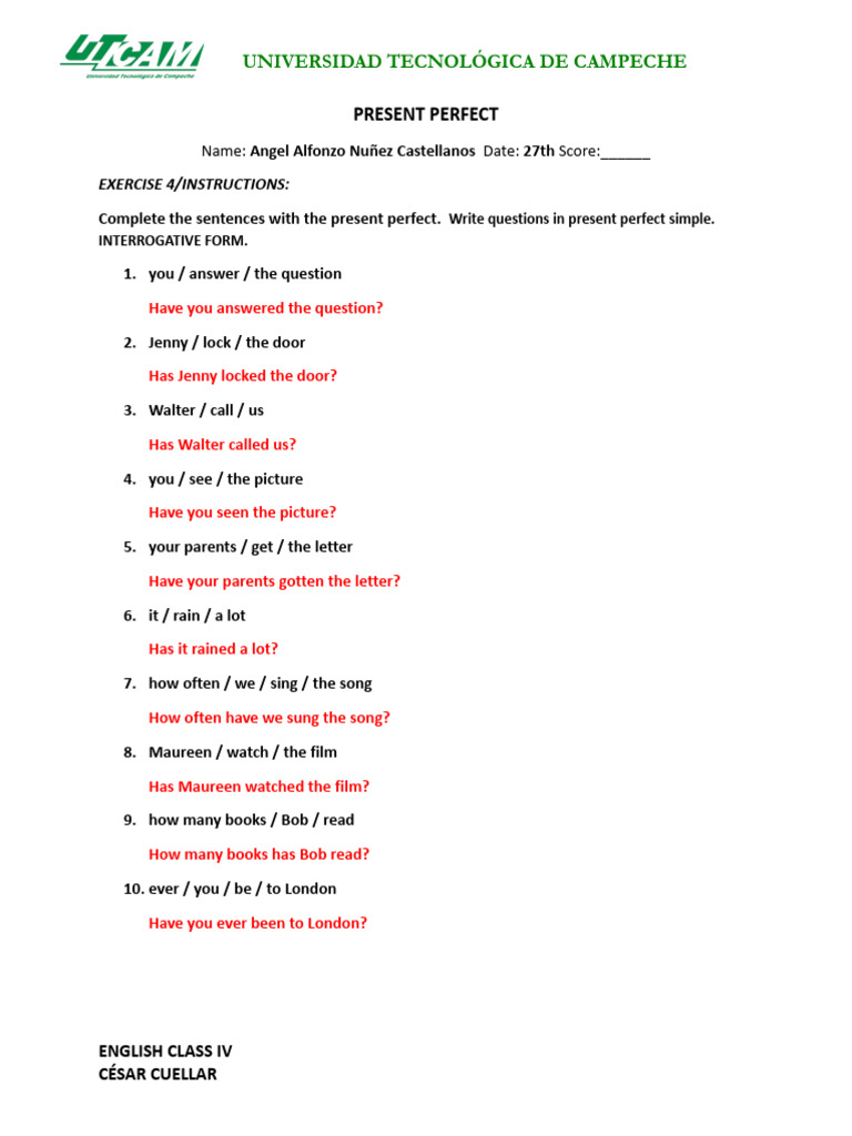 Present Perfect Ex 4 Ss | PDF