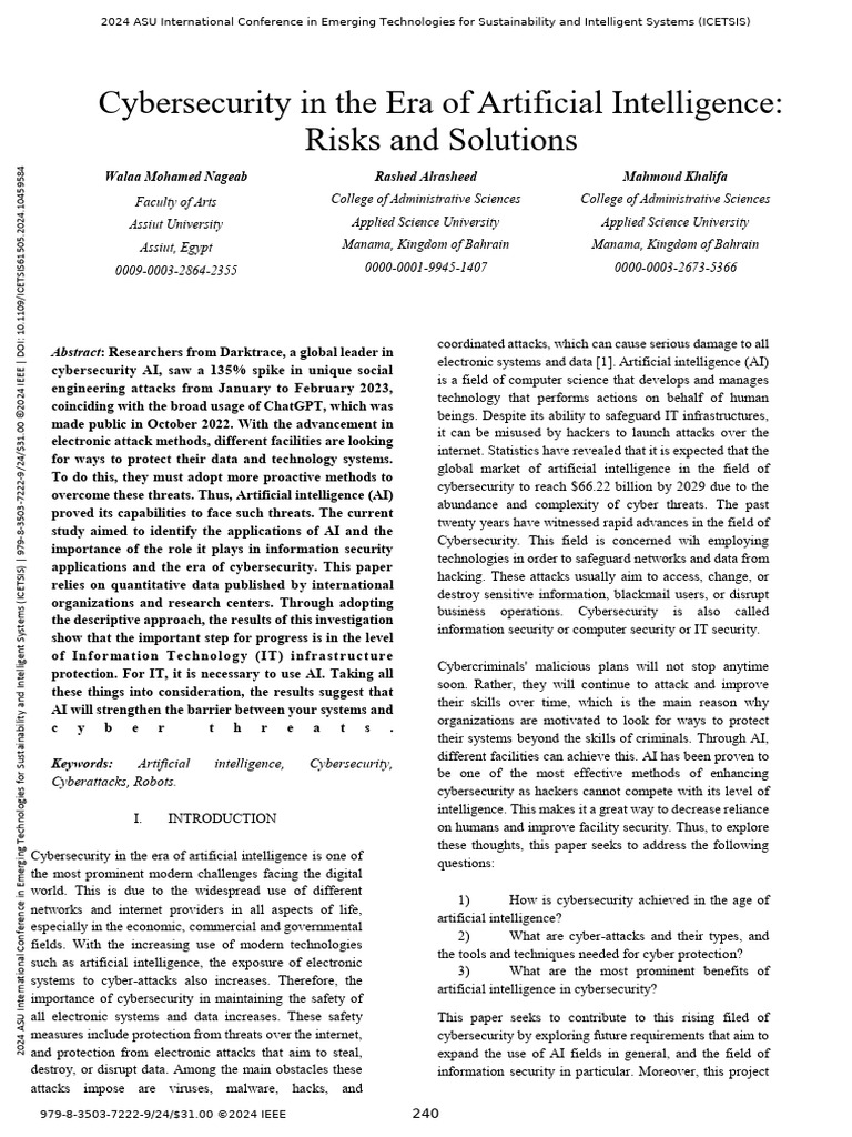 Cybersecurity in The Era of Artificial Intelligence Risks and Solutions ...