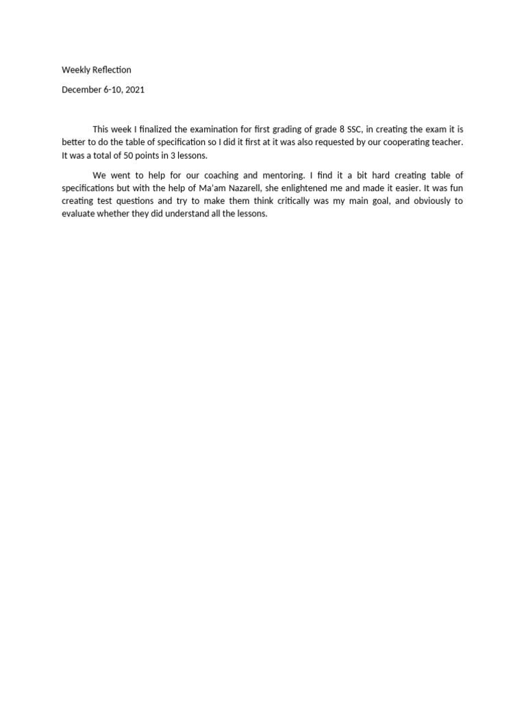 Weekly Reflection 8.. | PDF