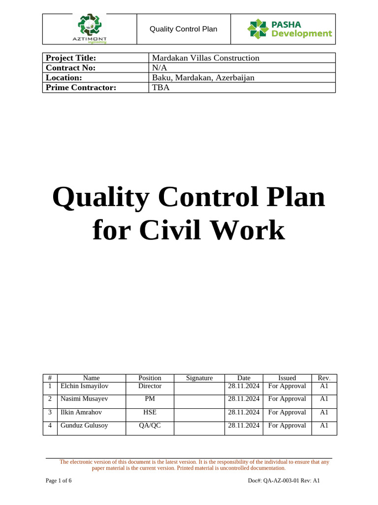 Mardakan Villas Quality Control Plan | PDF | Concrete | Road Surface