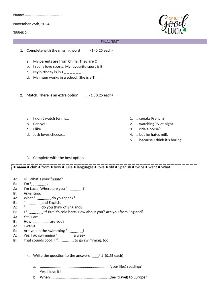Teens 2 - Final Test - 2 Copias | PDF