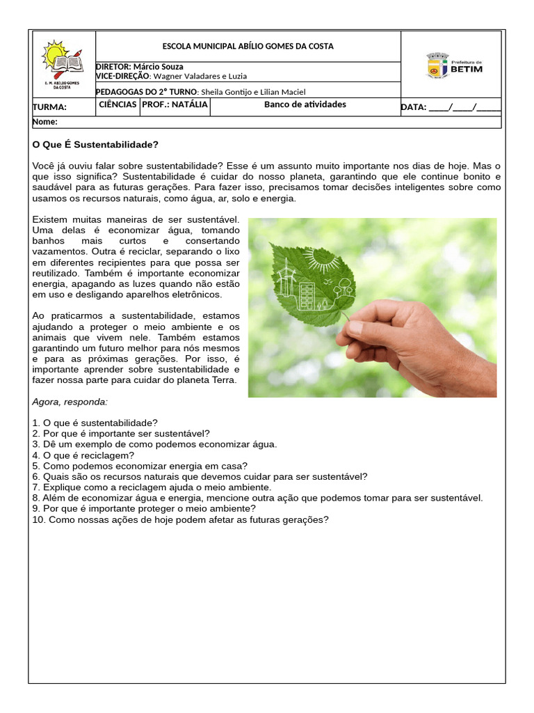 Atividades sobre Sustentabilidade para Alunos | PDF