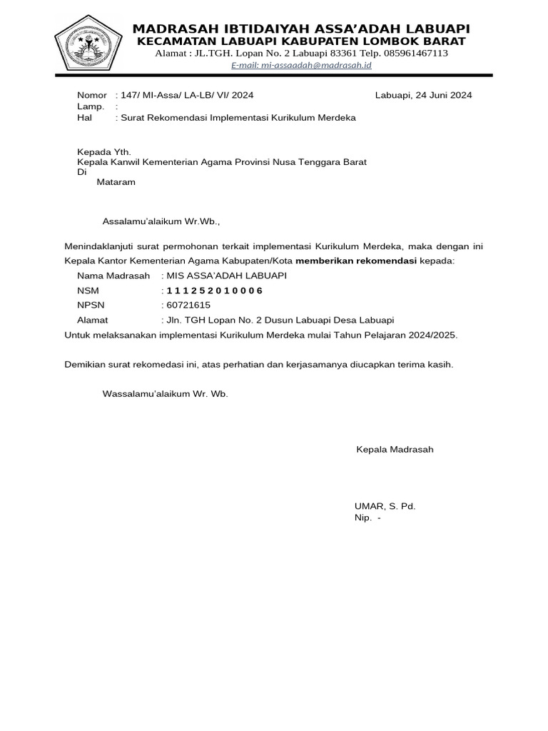 Rekomendasi Kurikulum Merdeka MIS Assa'adah | PDF