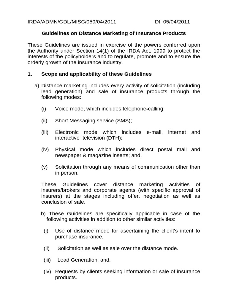 Distance Marketing Guidelines for Insurance | PDF | Insurance ...