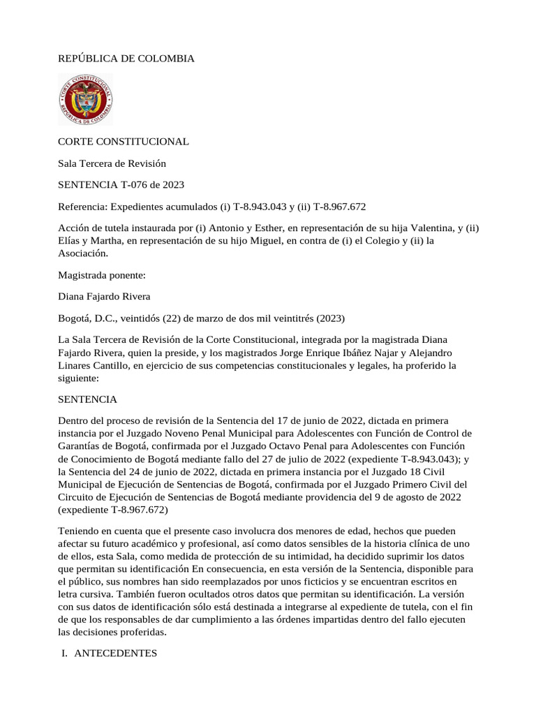 Sentencia T-076 de 2023: Tutela Escolar | PDF | Debido al proceso