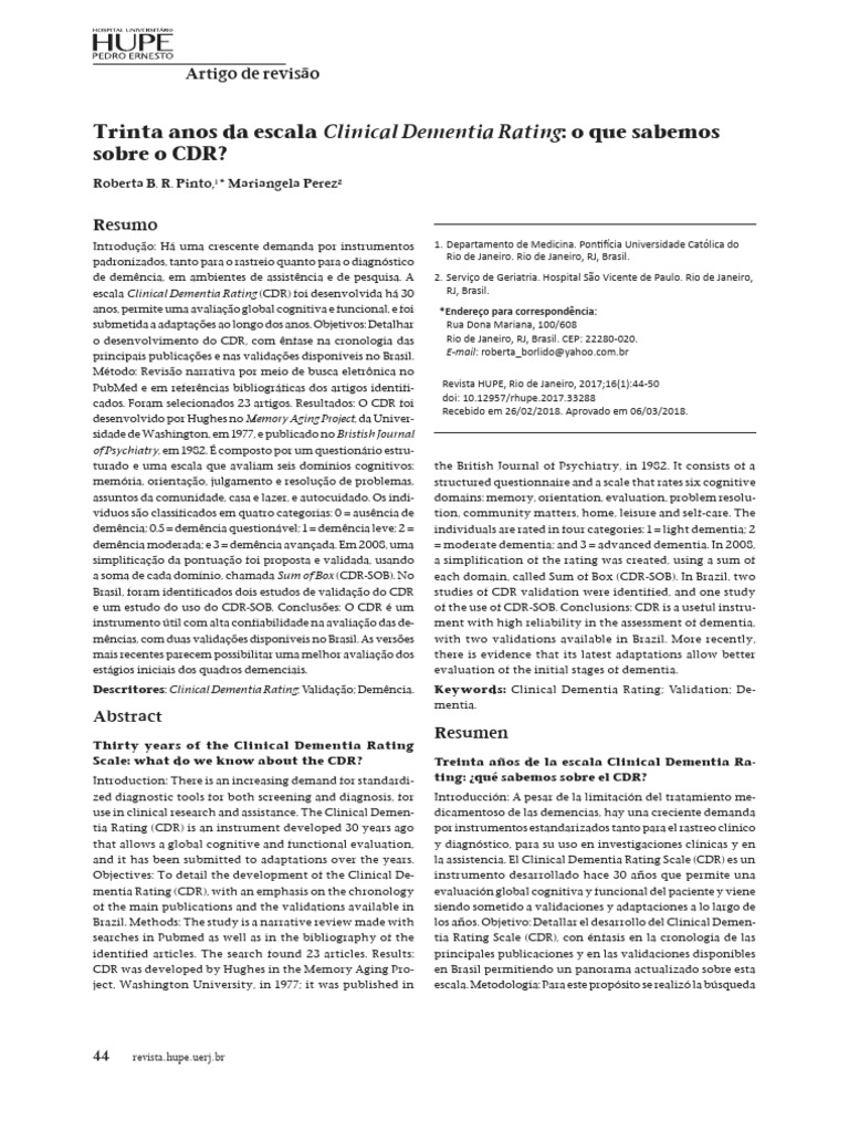Evolução da Escala CDR no Brasil | PDF | Demência | Manual Diagnóstico ...