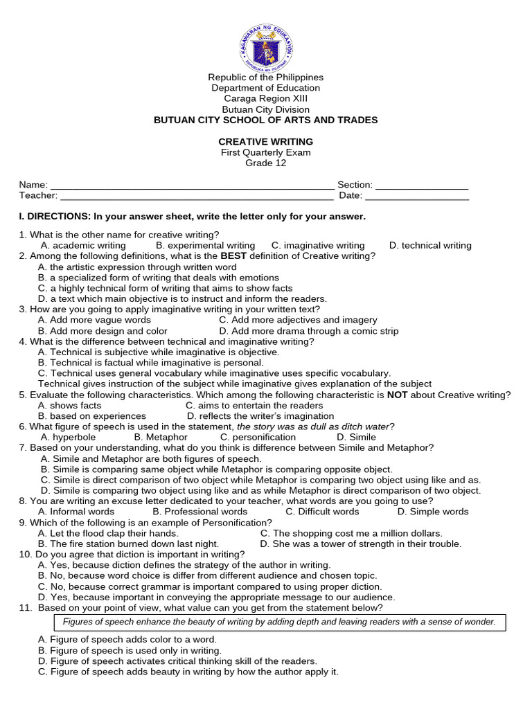 Creative Writing Exam for Grade 12 | PDF | Poetry | Metaphor