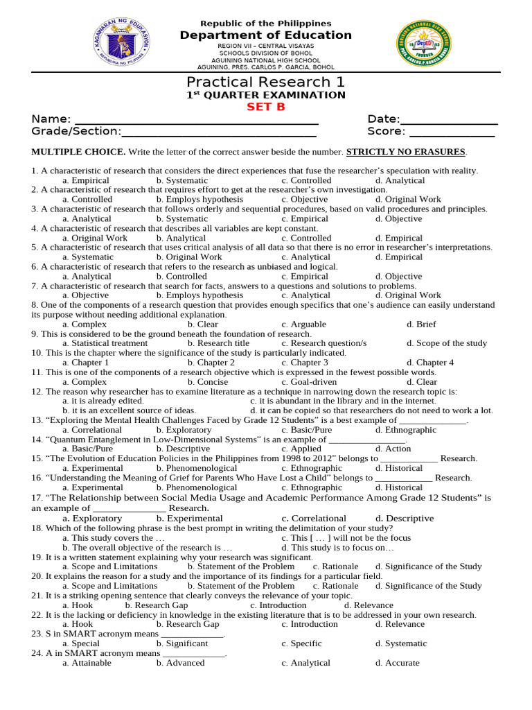 Practical Research - 1st Quarter EXAM | PDF | Qualitative Research ...