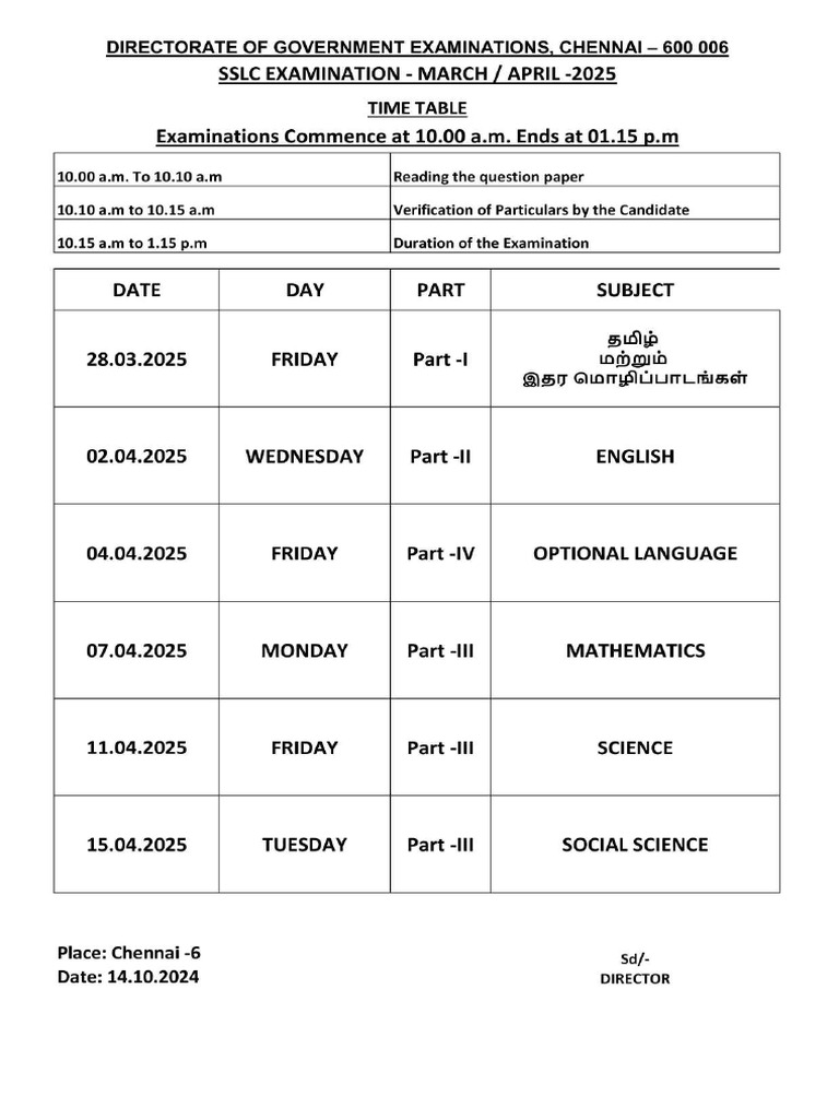 Sslc Public Exam Time Table 2025 Pdf Pdf