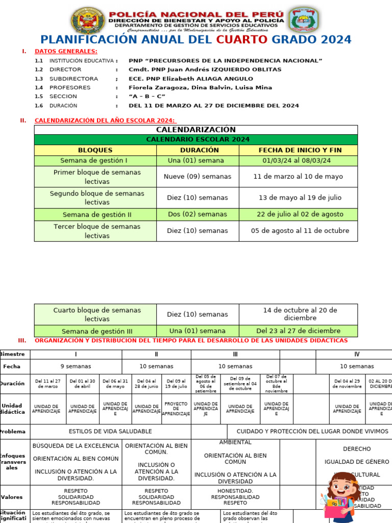 Planificación Escolar 4to Grado 2024 | PDF | Educación primaria ...