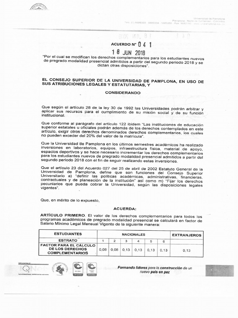 Acuerdo 041 Presencial 2018 | PDF