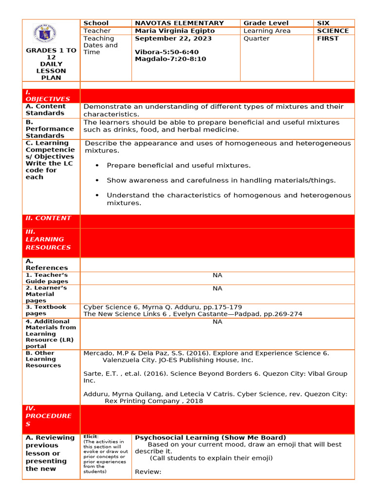 Grade 6 Science Lesson Plan on Mixtures | PDF | Human Communication ...