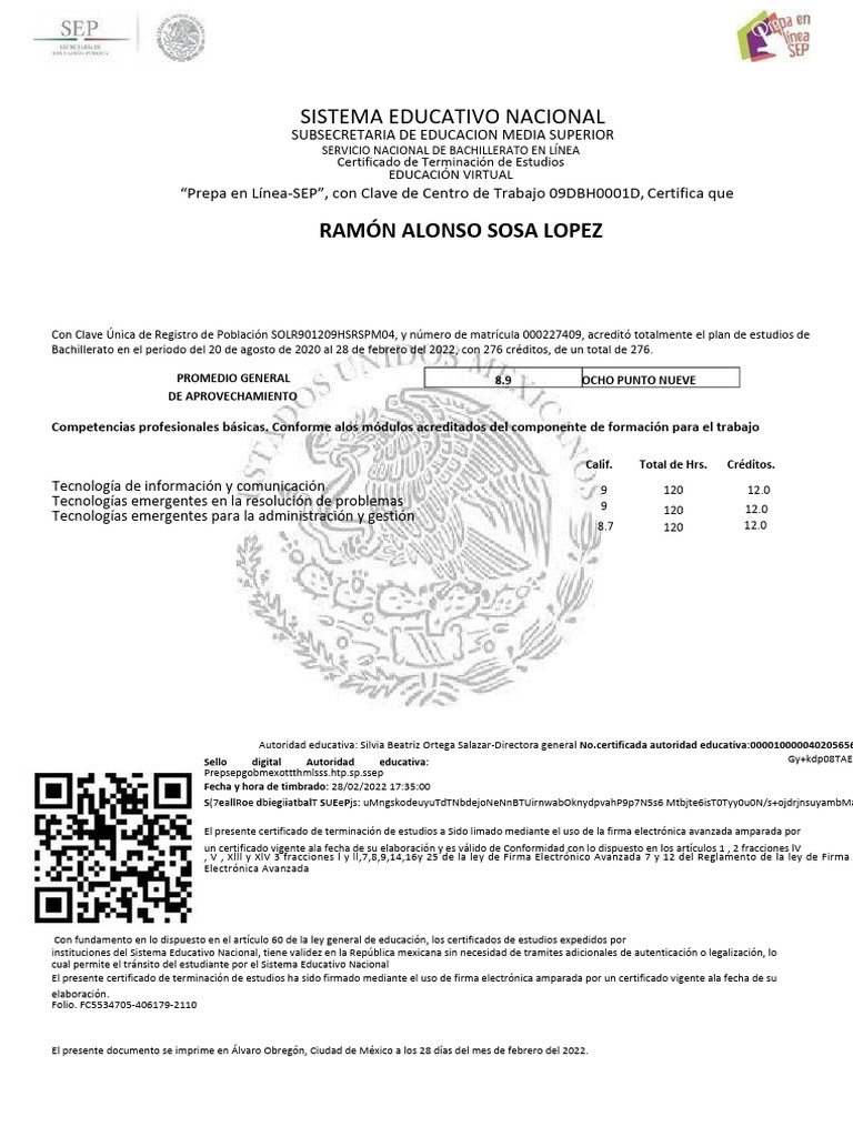 Certificado de Bachillerato en Línea SEP | PDF | Plan de estudios