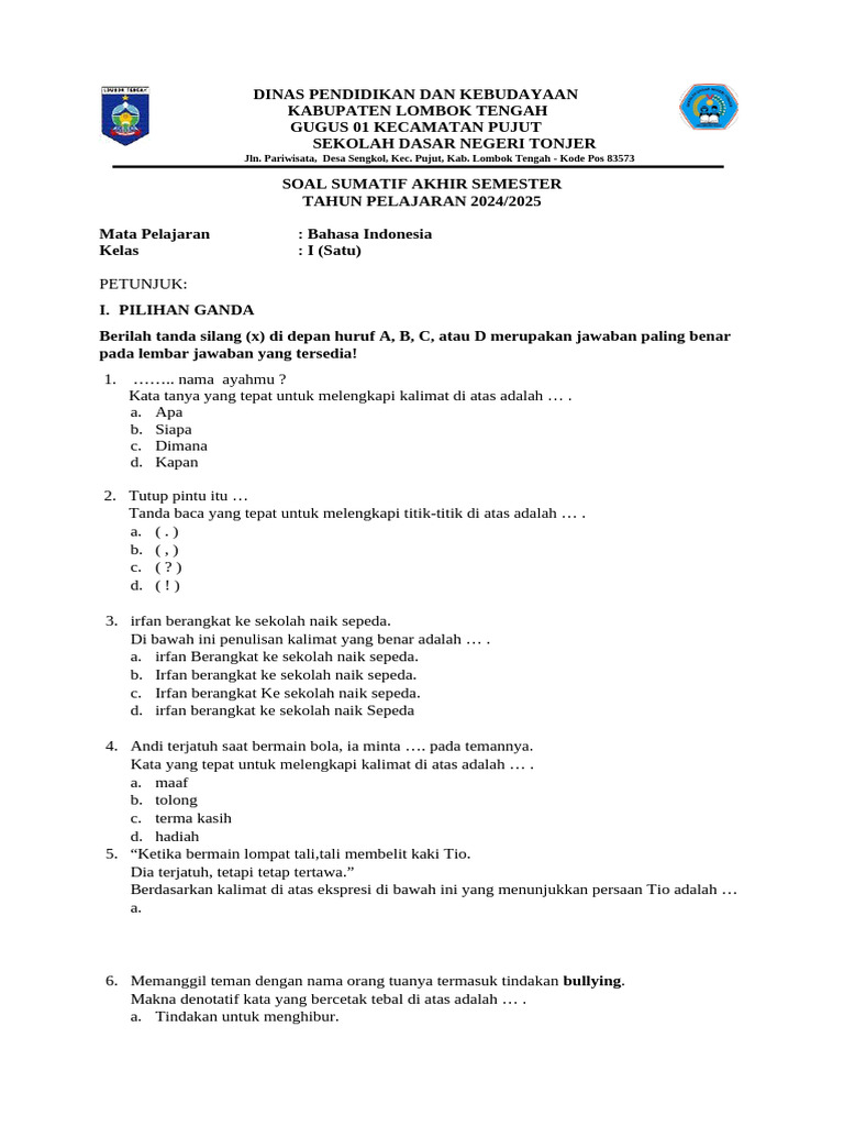 Soal Bahasa Indonesia Kelas 3 SD | PDF