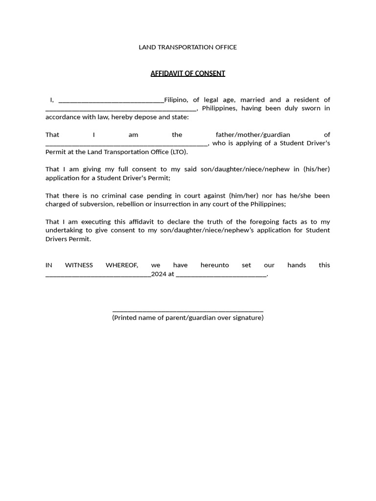 Parental Consent Affidavit for Student Permit | PDF