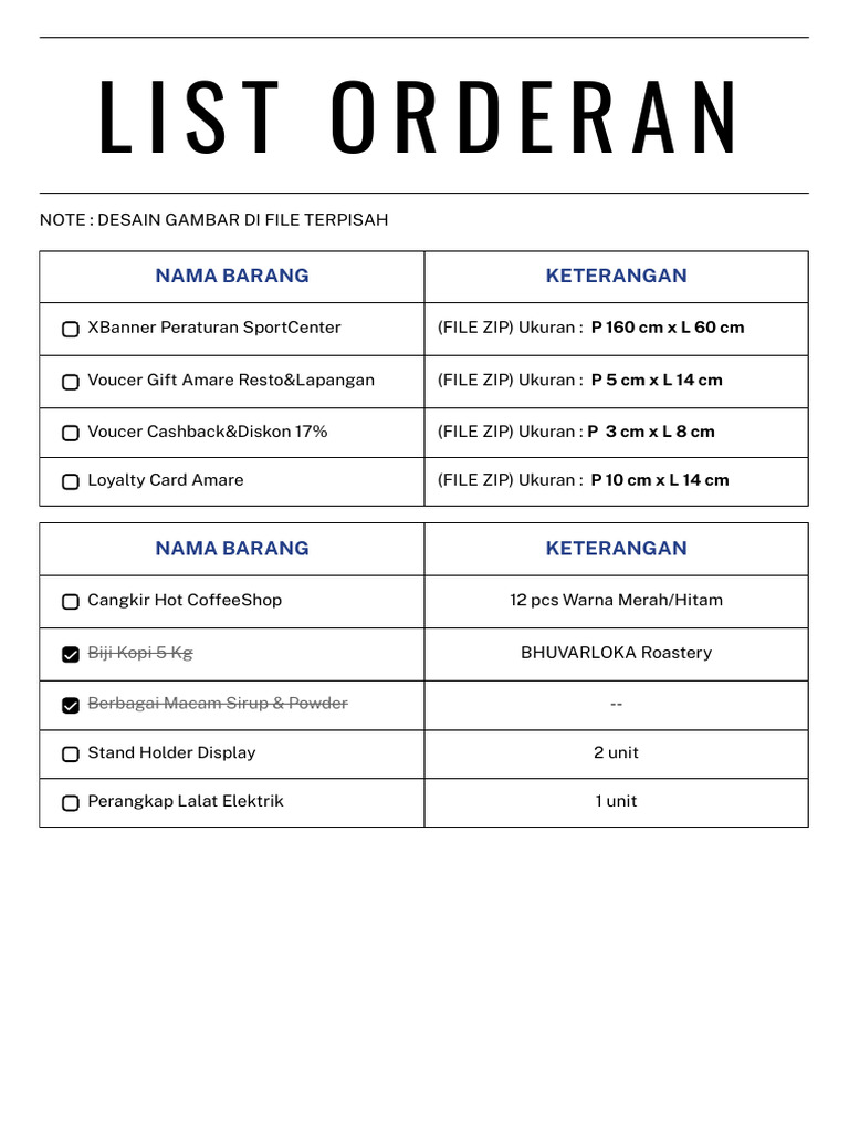Daftar Barang dan Ukuran untuk Event | PDF