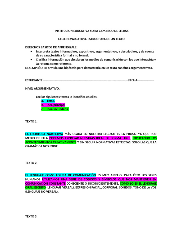 Taller Evaluativo: Estructura de Texto | PDF | Comunicación