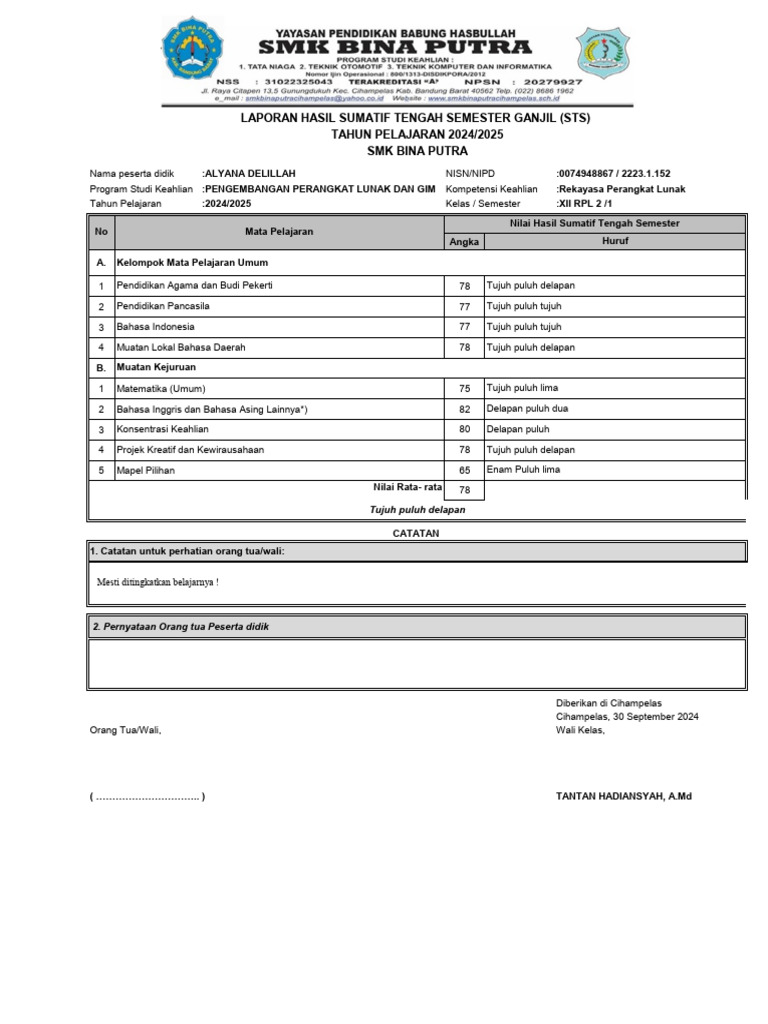 Laporan Hasil STS Siswa RPL 2024/2025 | PDF