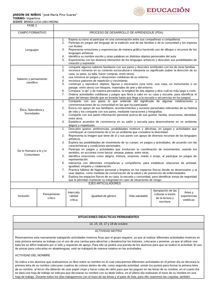 Actividades de Aprendizaje en Jardín de Niños | PDF | Educación de la ...