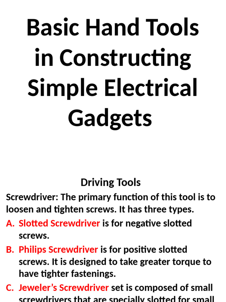 Basic Hand Tools in Constructing Simple Electrical Gadgets | PDF ...
