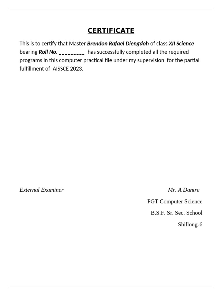 Computer Practical File Certificate 2023 | PDF