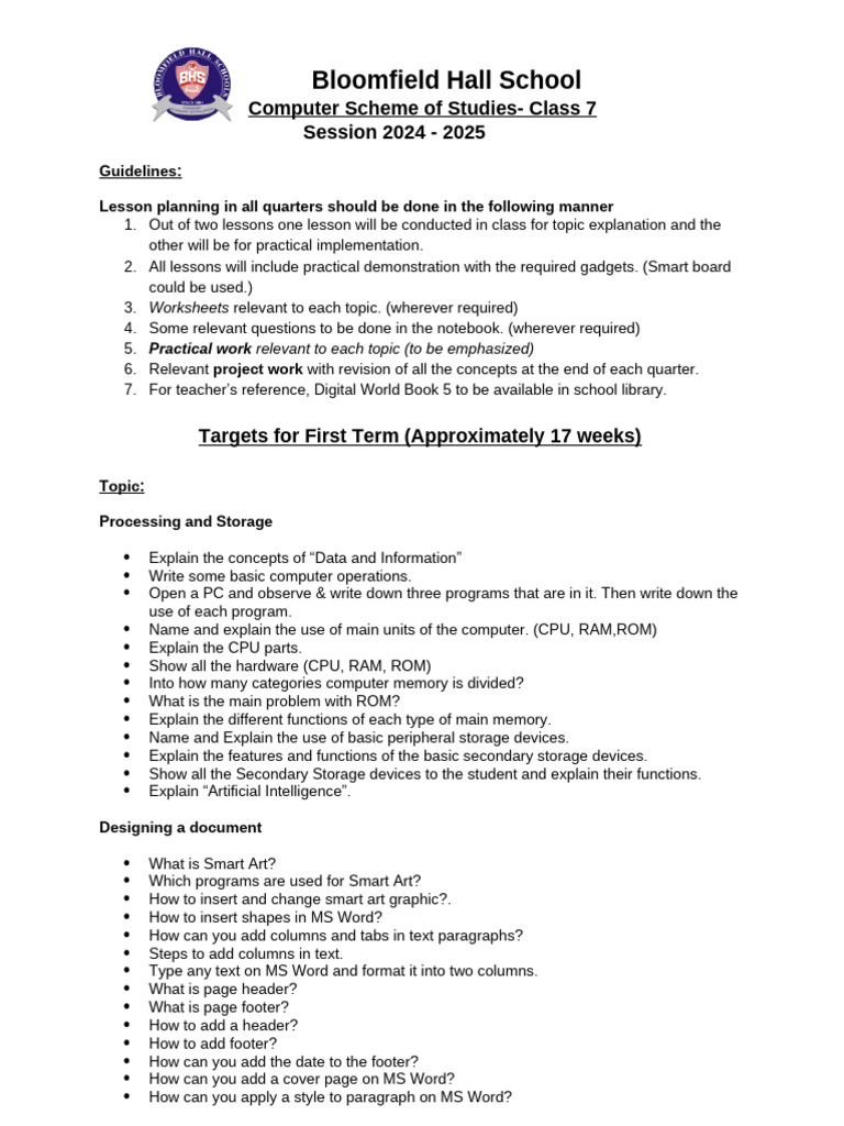 Class 7 Computer Studies Curriculum 2024-25 | PDF | Computer Data ...