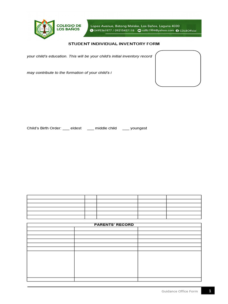 Student Individual Inventory Form | PDF | Diseases And Disorders ...
