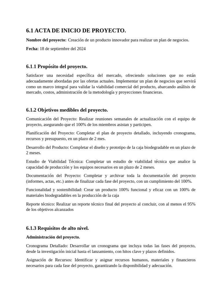 Acta de Inicio de Proyecto | PDF | Plan de negocios | Business