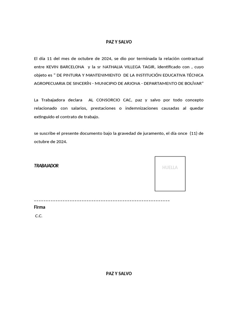 Certificacion de Paz y Salvo | PDF