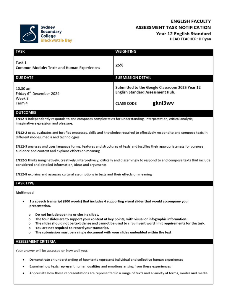 Year 12 2025 English STANDARD Task 1 ISSUED | PDF | Critical Thinking ...