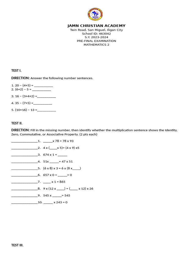 JAMN Academy Pre-Final Math Exams 2023 | PDF | Elementary Mathematics ...