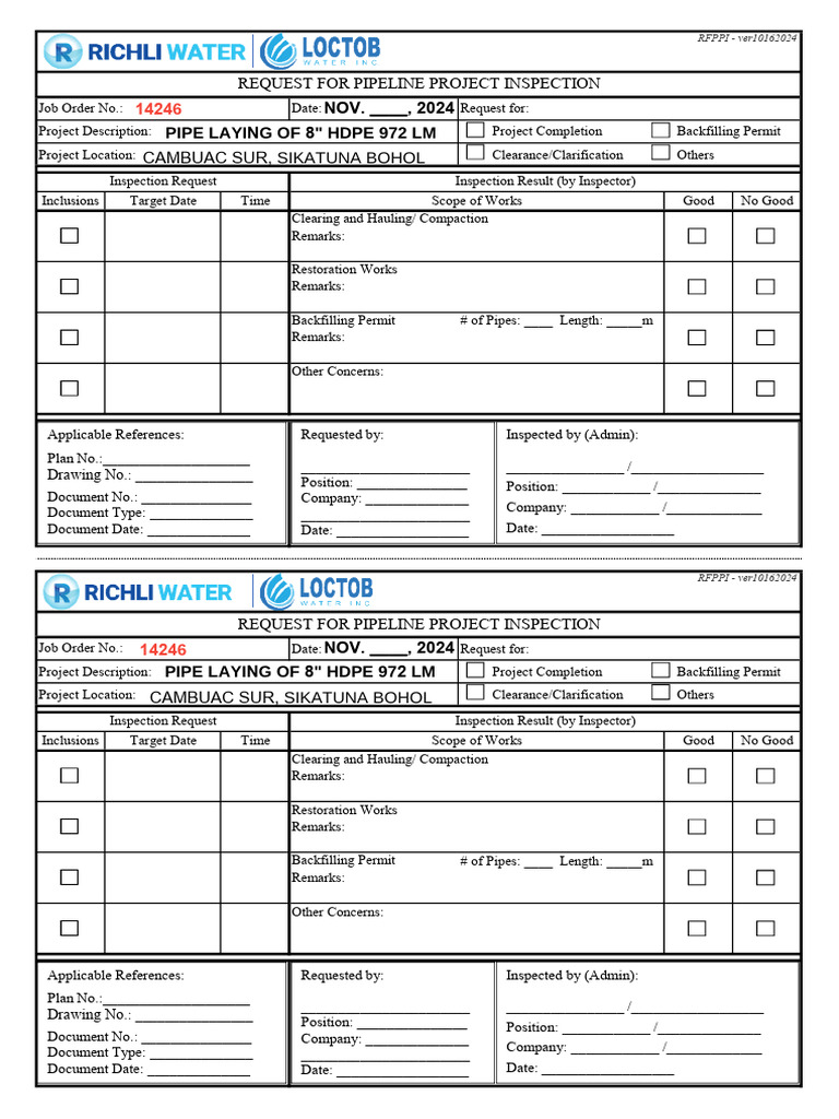 Pipeline Project Inspection Request Form | PDF