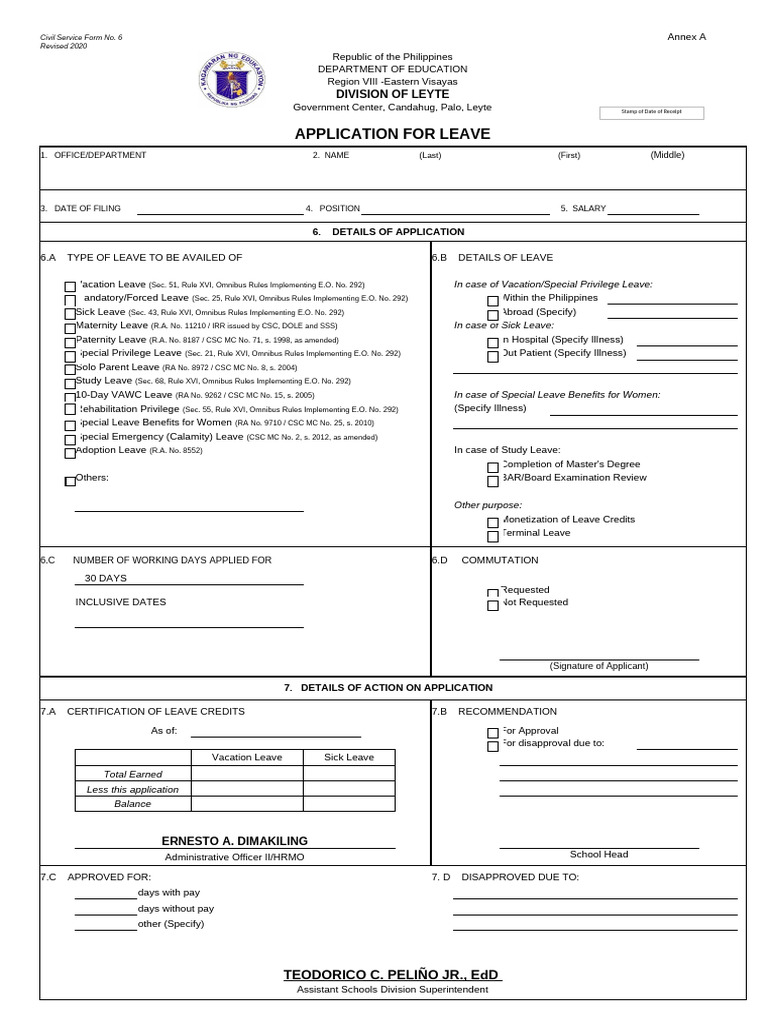 Cs Form No. 6 Leave Form Rev. 2020 Desktop A7q4trm | PDF | Sick Leave ...