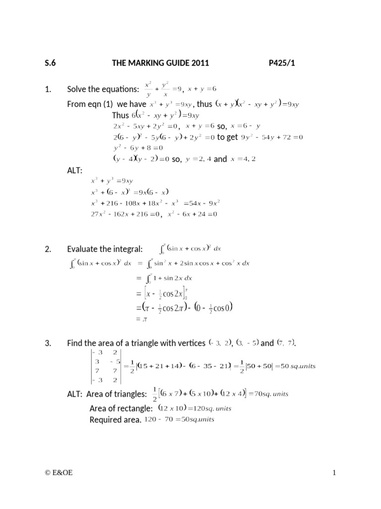 Marking Guide Maths Mock A 2011 | PDF | Area | Circle