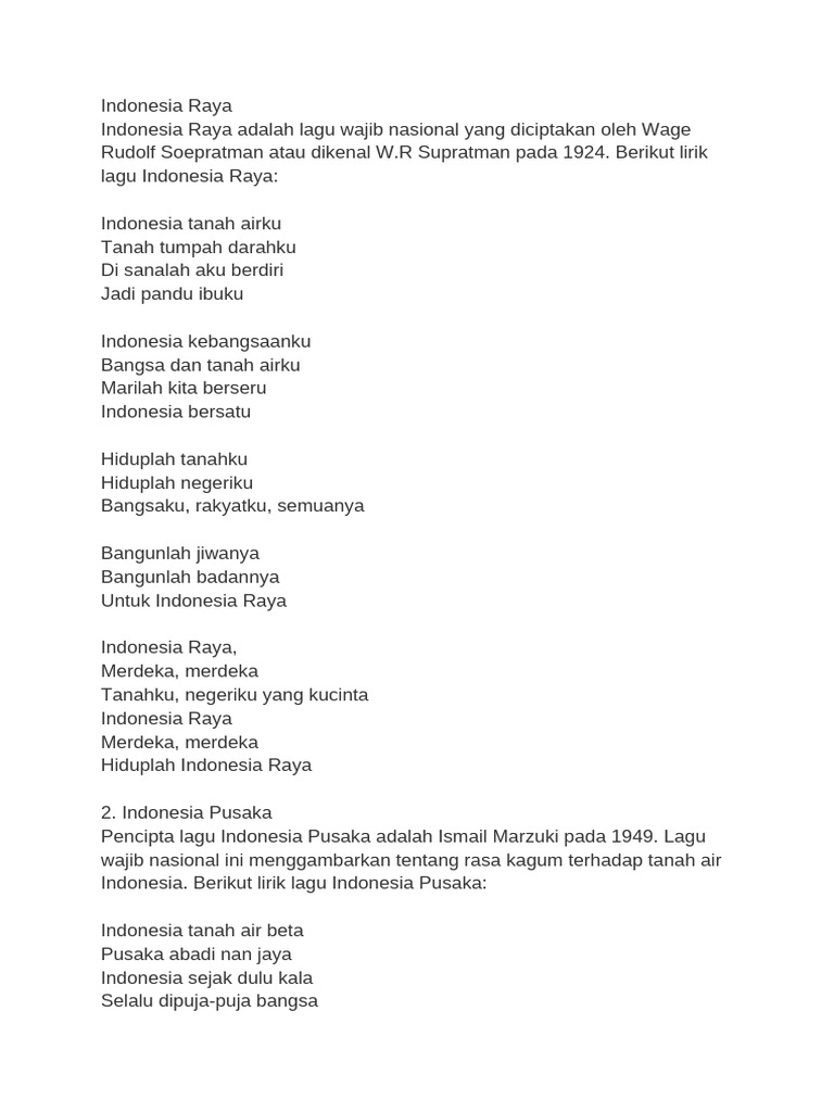 Lirik Lagu Wajib Nasional Indonesia | PDF