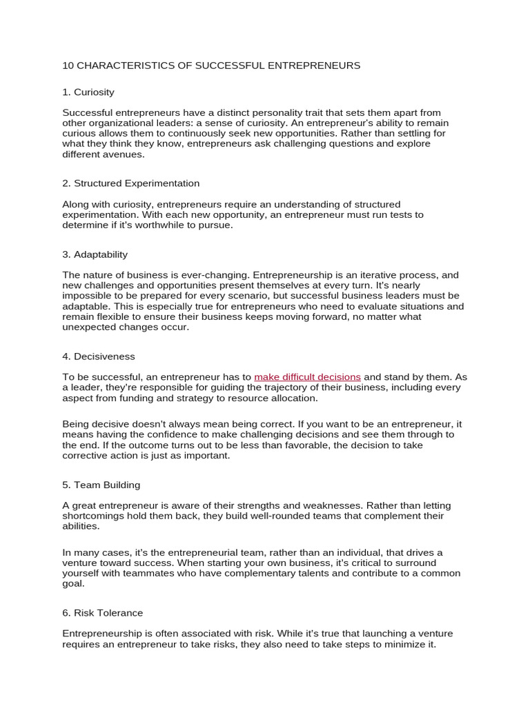 10 Characteristics of Successful Entrepreneurs | PDF | Partnership ...