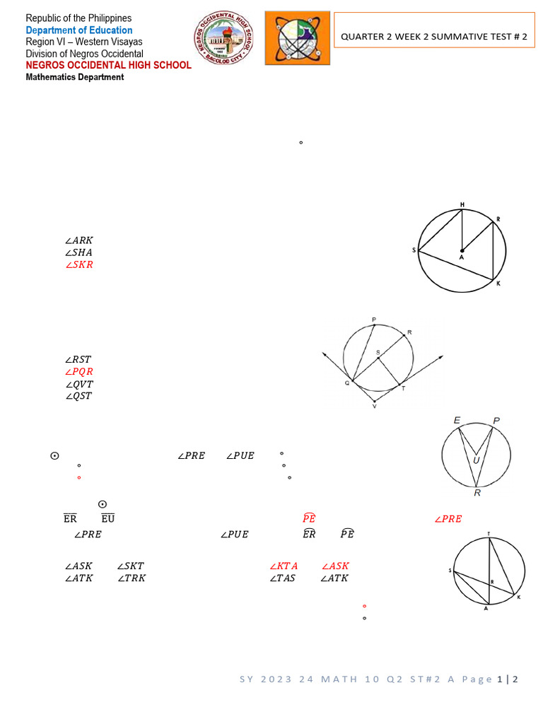 2024 25 MATH10 Q2 WEEK 2 SUMMATIVE TEST 2 SET A With Answer Key | PDF ...