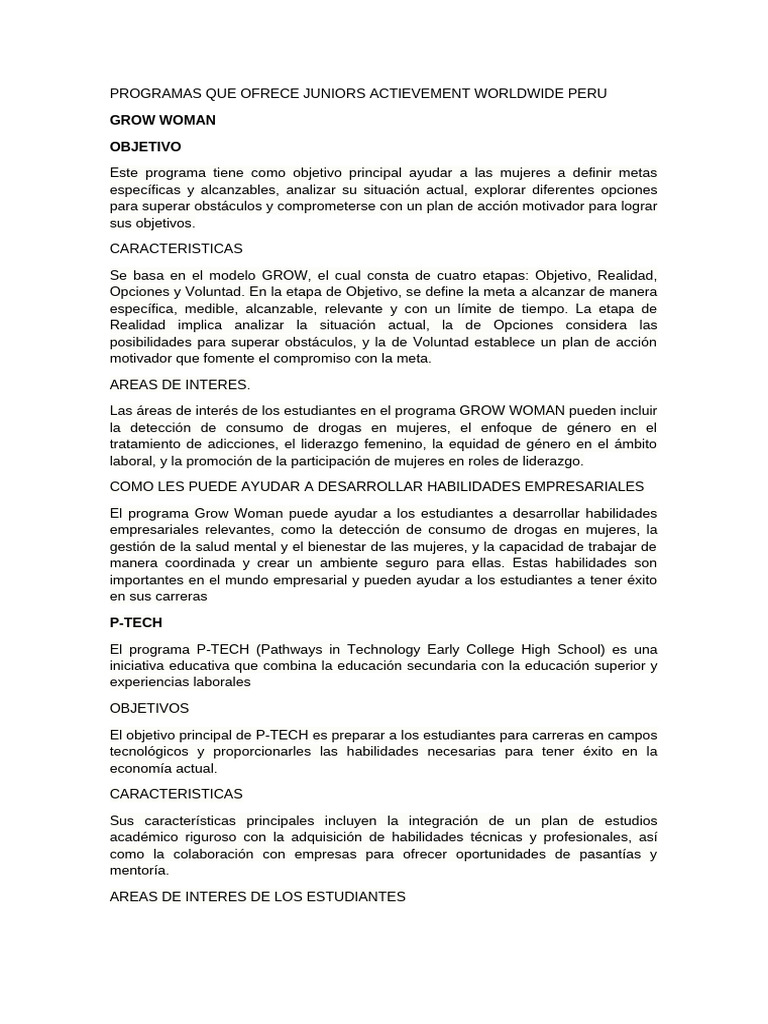 Programas Que Ofrece Juniors Actievement Worldwide Peru | PDF | Empresa ...