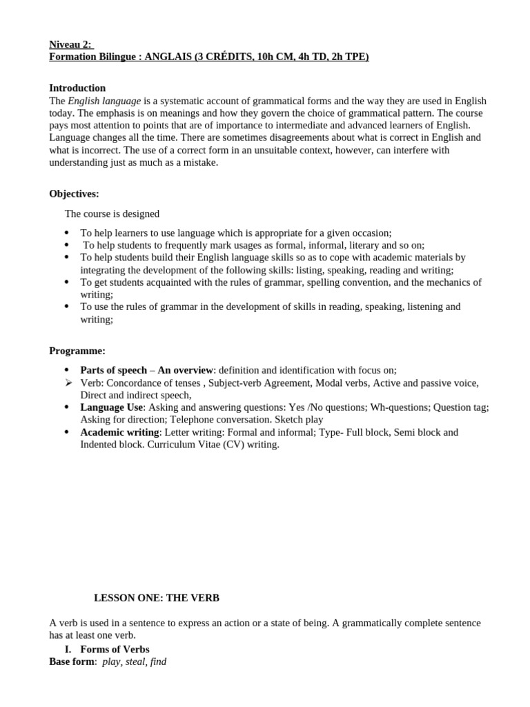 LANGUE Niveau 2 | PDF | Verb | Grammatical Number