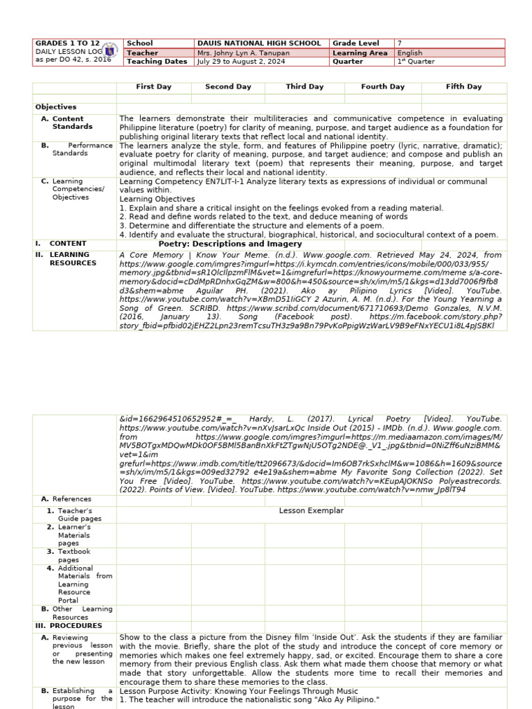Daily Lesson Log for Grade 7 English | PDF | Poetry | Emotions