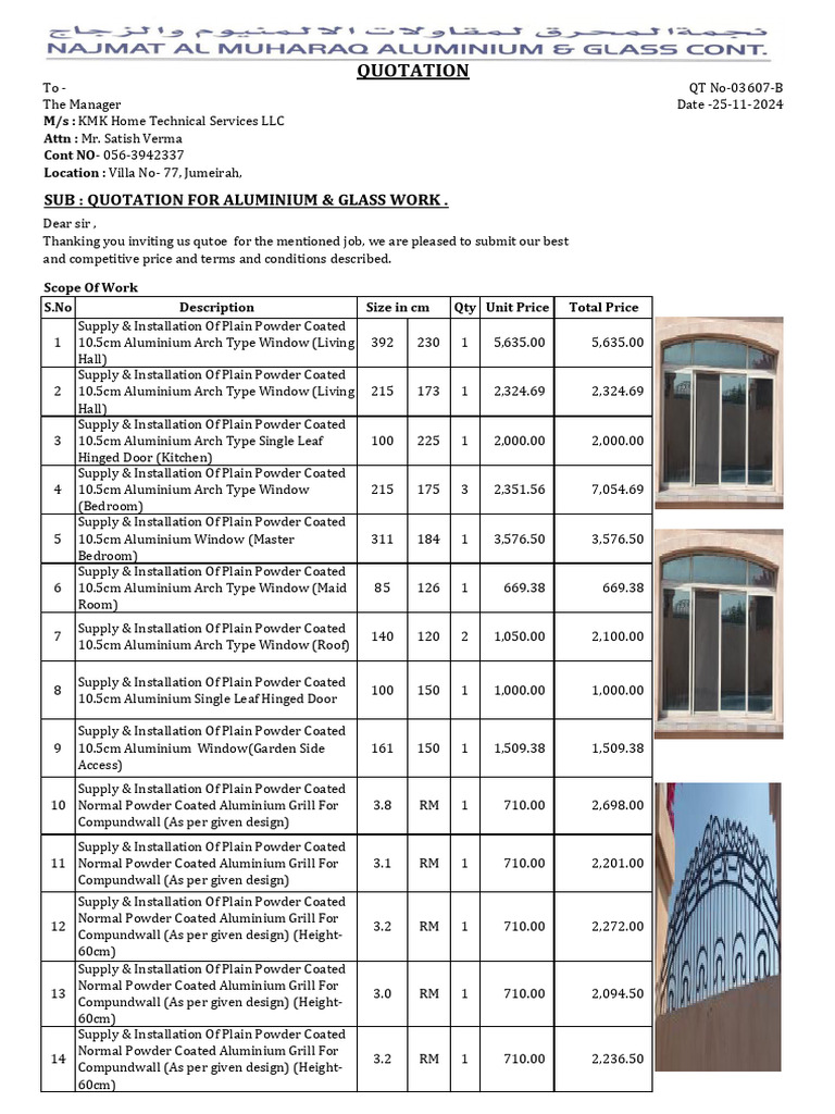 Quotation for Aluminium & Glass Work | PDF | Window | Building Engineering