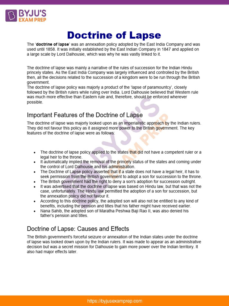 Overview of the Doctrine of Lapse | PDF | Indian Independence Movement ...