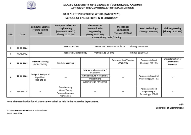 Date Sheet PHD Course Work (Batch 2023) School of Engineering ...