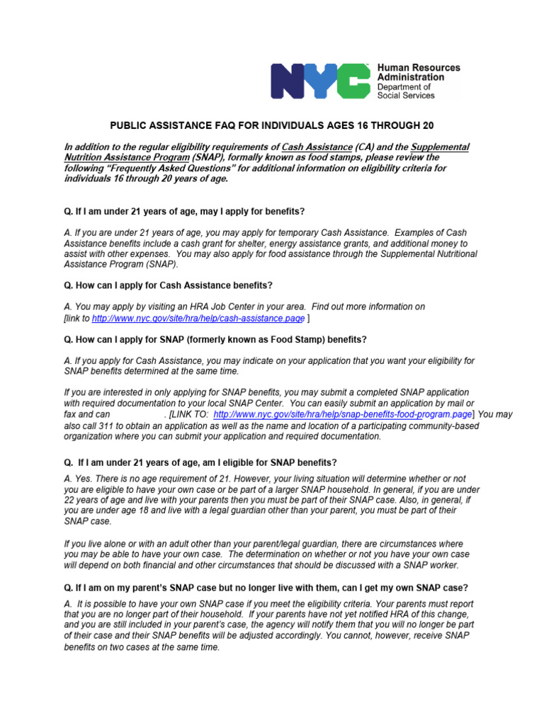 Public Assistance FAQ for Ages 16-20 | PDF | Supplemental Nutrition ...