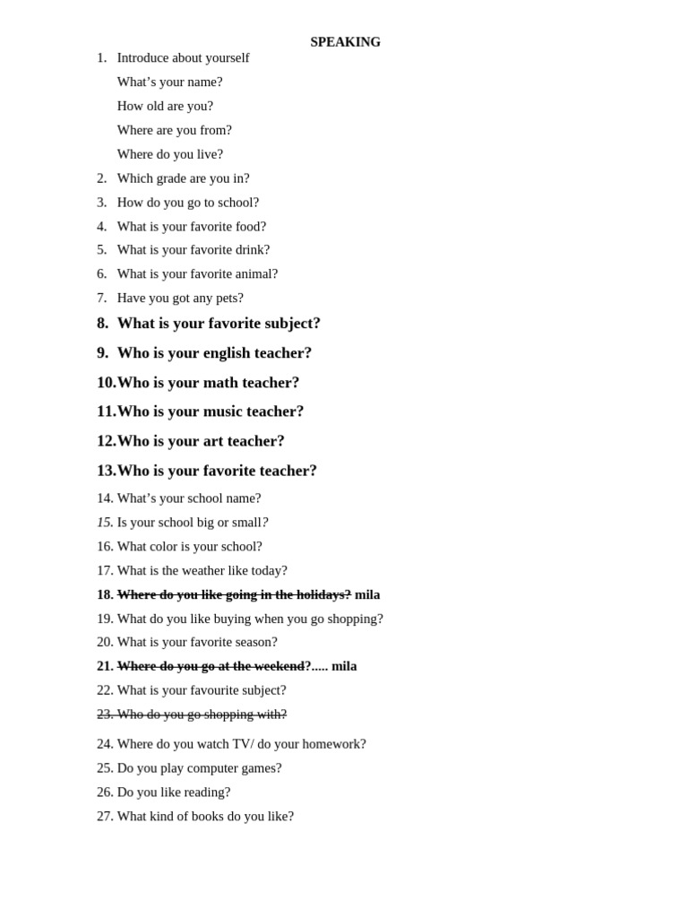 Essential Speaking Questions for Kids | PDF