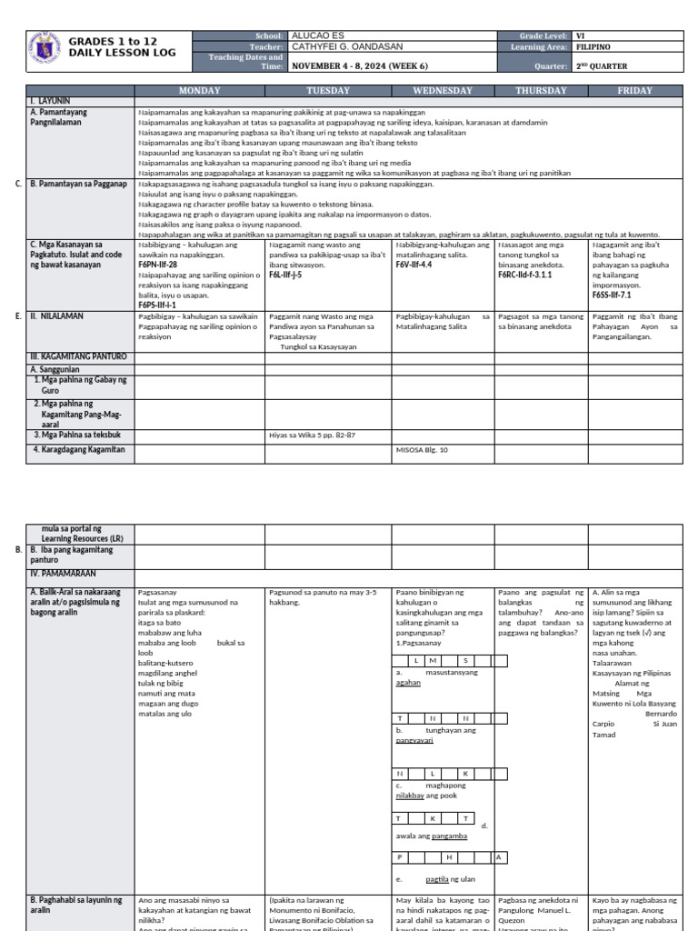 DLL - Filipino 6 - Q2 - W6 | PDF
